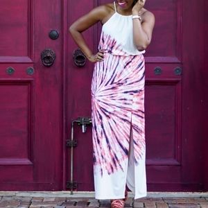 VENUS White and Pink Tie-Dye Maxi Dress